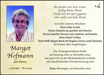 Traueranzeige von Margot Hofmann von Südthüringer Presse