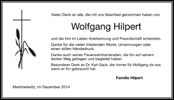 Traueranzeige von Wolfgang Hilpert von Frankenpost