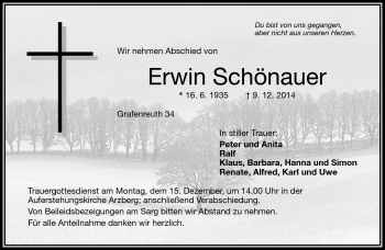 Traueranzeige von Erwin Schönauer von Frankenpost