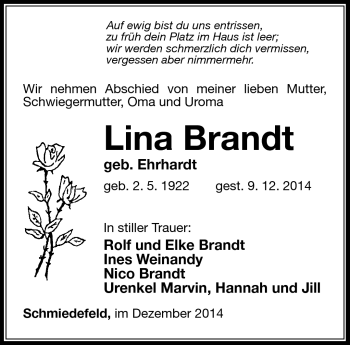Traueranzeige von Lina Brandt von Südthüringer Presse