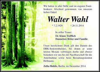Traueranzeige von Walter Wahl von Südthüringer Presse