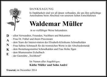 Traueranzeige von Waldemar Müller von Südthüringer Presse