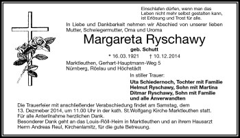 Traueranzeige von Margareta Ryschawy von Frankenpost