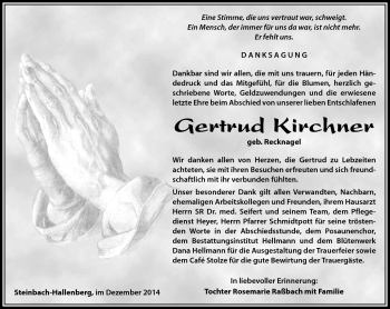 Traueranzeige von Gertrud Kirchner von Südthüringer Presse