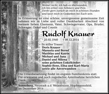 Traueranzeige von Rudolf Knauer von Südthüringer Presse