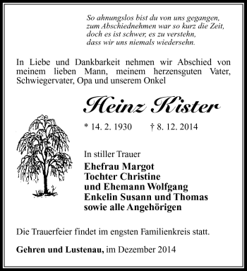 Traueranzeige von Heinz Kister von Südthüringer Presse