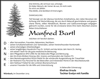 Traueranzeige von Manfred Bartl von Südthüringer Presse