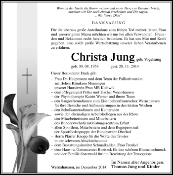 Traueranzeige von Christa Jung von Südthüringer Presse