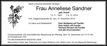 Traueranzeige von Anneliese Sandner von Frankenpost