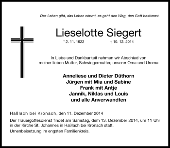 Traueranzeige von Lieselotte Siegert von Neue Presse Coburg