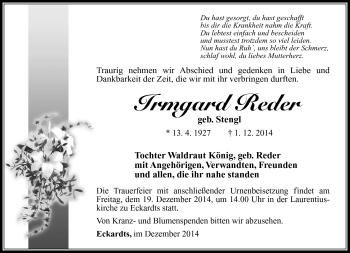 Traueranzeige von Irmgard Reder von Südthüringer Presse