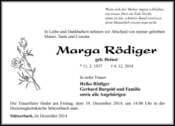 Traueranzeige von Marga Rödiger von Südthüringer Presse