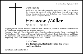 Traueranzeige von Hermann Müller von Südthüringer Presse