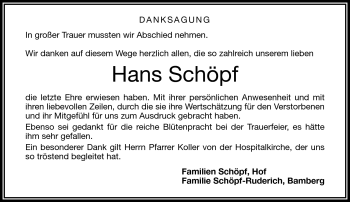Traueranzeige von Hans Schöpf von Frankenpost
