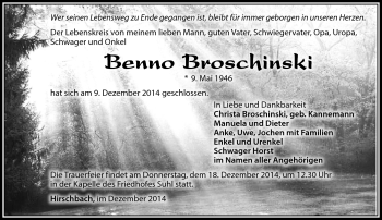 Traueranzeige von Benno Broschinski von Südthüringer Presse
