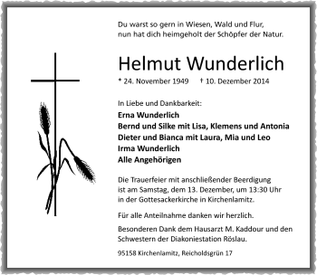 Traueranzeige von Helmut Wunderlich von Frankenpost