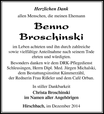 Traueranzeige von Benno Broschinksi von Südthüringer Presse