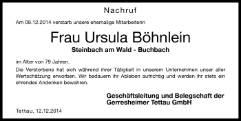 Traueranzeige von Ursula Böhnlein von Neue Presse Coburg