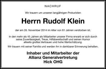 Traueranzeige von Rudolf Klein von Frankenpost