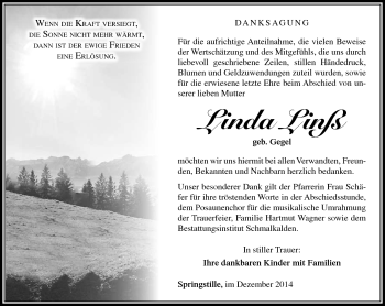 Traueranzeige von Linda Linß von Südthüringer Presse