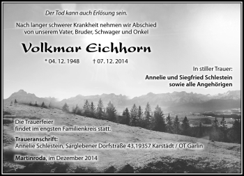 Traueranzeige von Volkmar Eichhorn von Südthüringer Presse