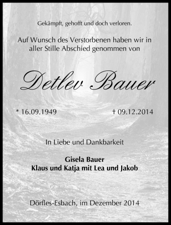 Traueranzeige von Detlev Bauer von Neue Presse Coburg
