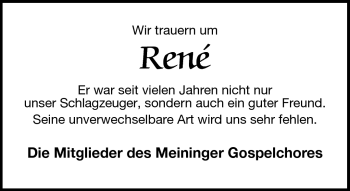 Traueranzeige von Rene Abel von Südthüringer Presse