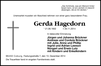 Traueranzeige von Gerda Hagedorn von Neue Presse Coburg