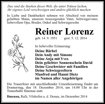 Traueranzeige von Reiner Lorenz von Südthüringer Presse