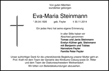 Traueranzeige von Eva-Maria Steinmann von Neue Presse Coburg