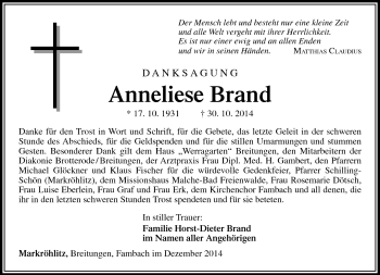 Traueranzeige von Anneliese Brandt von Südthüringer Presse