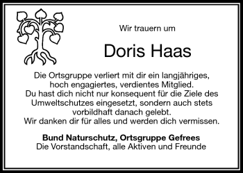 Traueranzeige von Doris Haas von Frankenpost