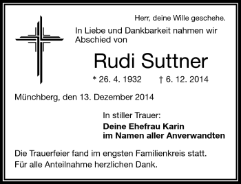 Traueranzeige von Rudi Suttner von Frankenpost