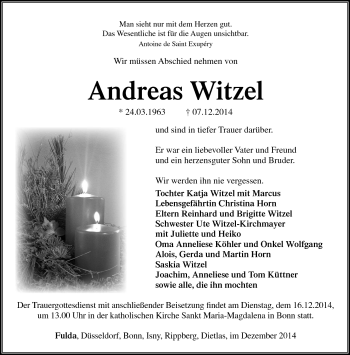 Traueranzeige von Andreas Witzel von Südthüringer Presse