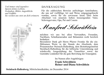 Traueranzeige von Manfred Schwäblein von Südthüringer Presse