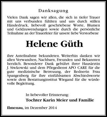 Traueranzeige von Helene Güth von Südthüringer Presse