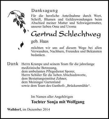 Traueranzeige von Gertrud Schlechtweg von Südthüringer Presse