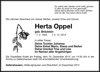 Traueranzeige von Herta Oppel von Südthüringer Presse