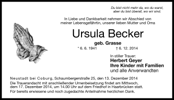 Traueranzeige von Ursula Becker von Neue Presse Coburg