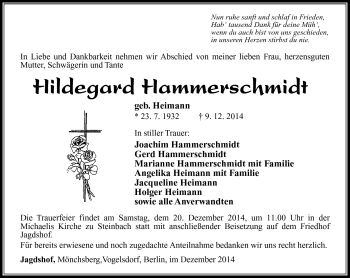 Traueranzeige von Hildegard Hammerschmidt von Südthüringer Presse