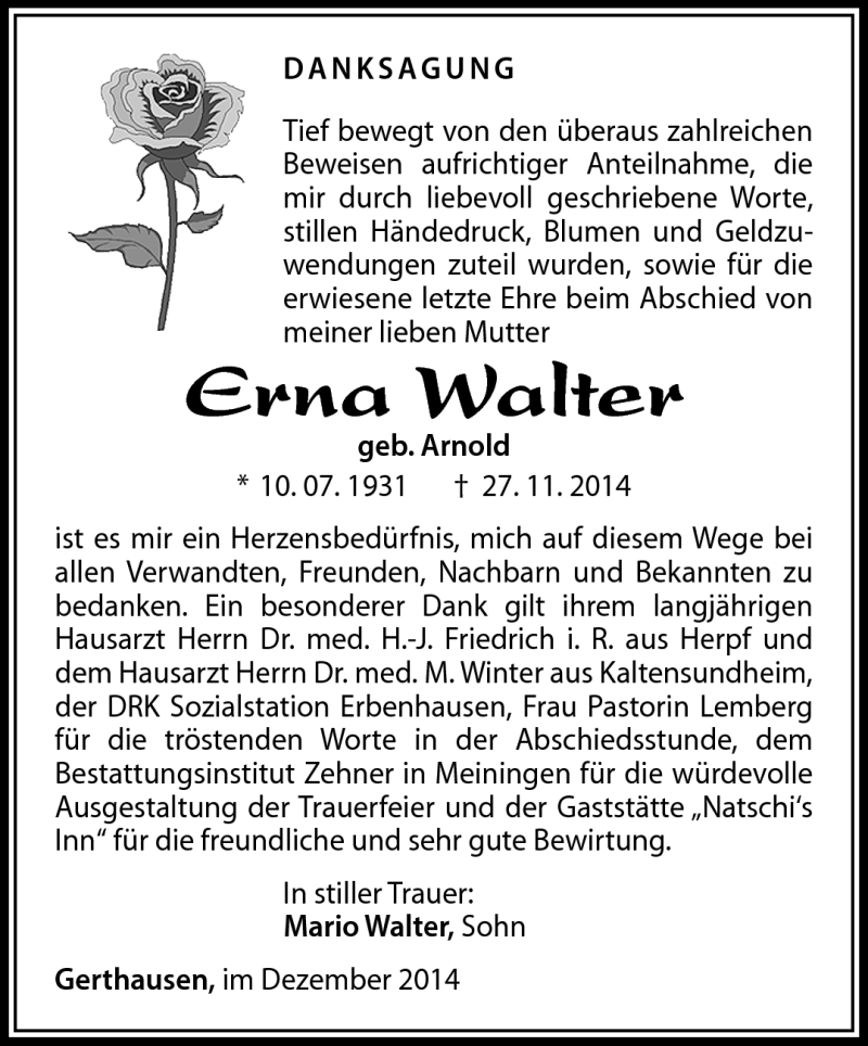  Traueranzeige für Erna Walter vom 13.12.2014 aus Südthüringer Presse