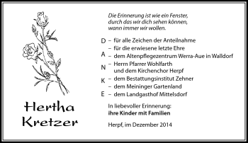 Traueranzeige von Hertha Kretzer von Südthüringer Presse