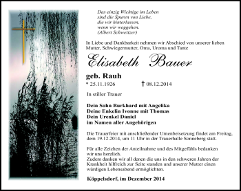 Traueranzeige von Elisabeth Bauer von Südthüringer Presse