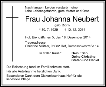 Traueranzeige von Johanna Neubert von Frankenpost