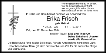 Traueranzeige von Erika Frisch von Frankenpost