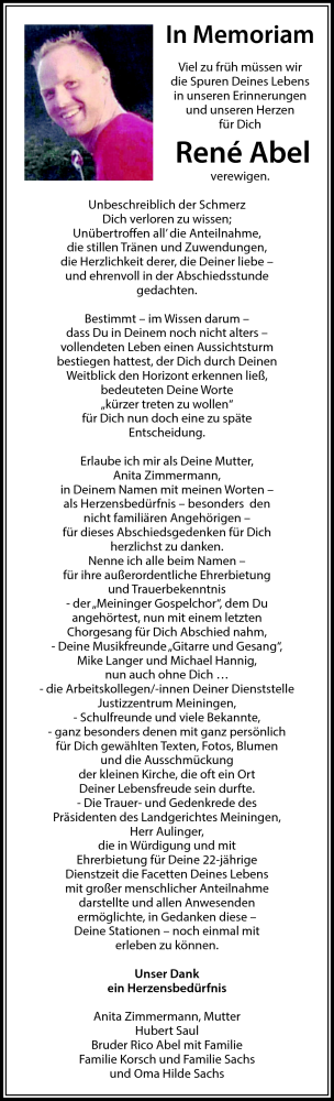 Traueranzeige von Rene Abel von Südthüringer Presse