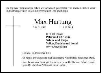 Traueranzeige von Max Hartung von Neue Presse Coburg