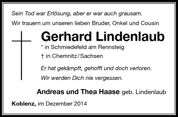 Traueranzeige von Gerhard Lindenlaub von Südthüringer Presse