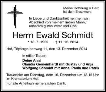 Traueranzeige von Ewald Schmidt von Frankenpost