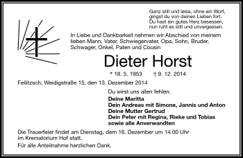 Traueranzeige von Dieter Horst von Frankenpost